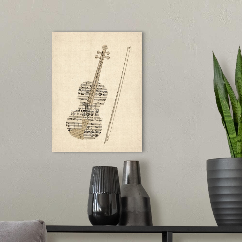 A modern room featuring A violin created from a collage of old sheet music on a vintage background