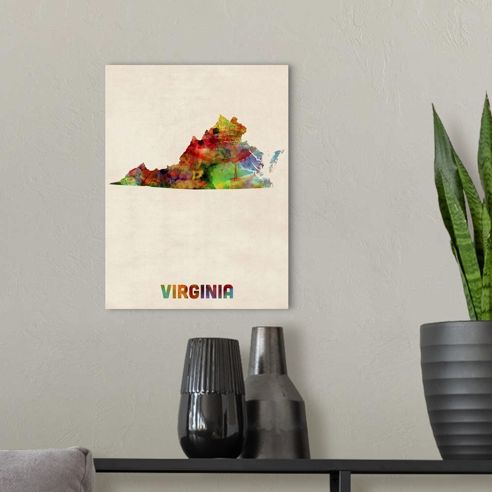 A modern room featuring Contemporary piece of artwork of a map of Virginia made up of watercolor splashes.