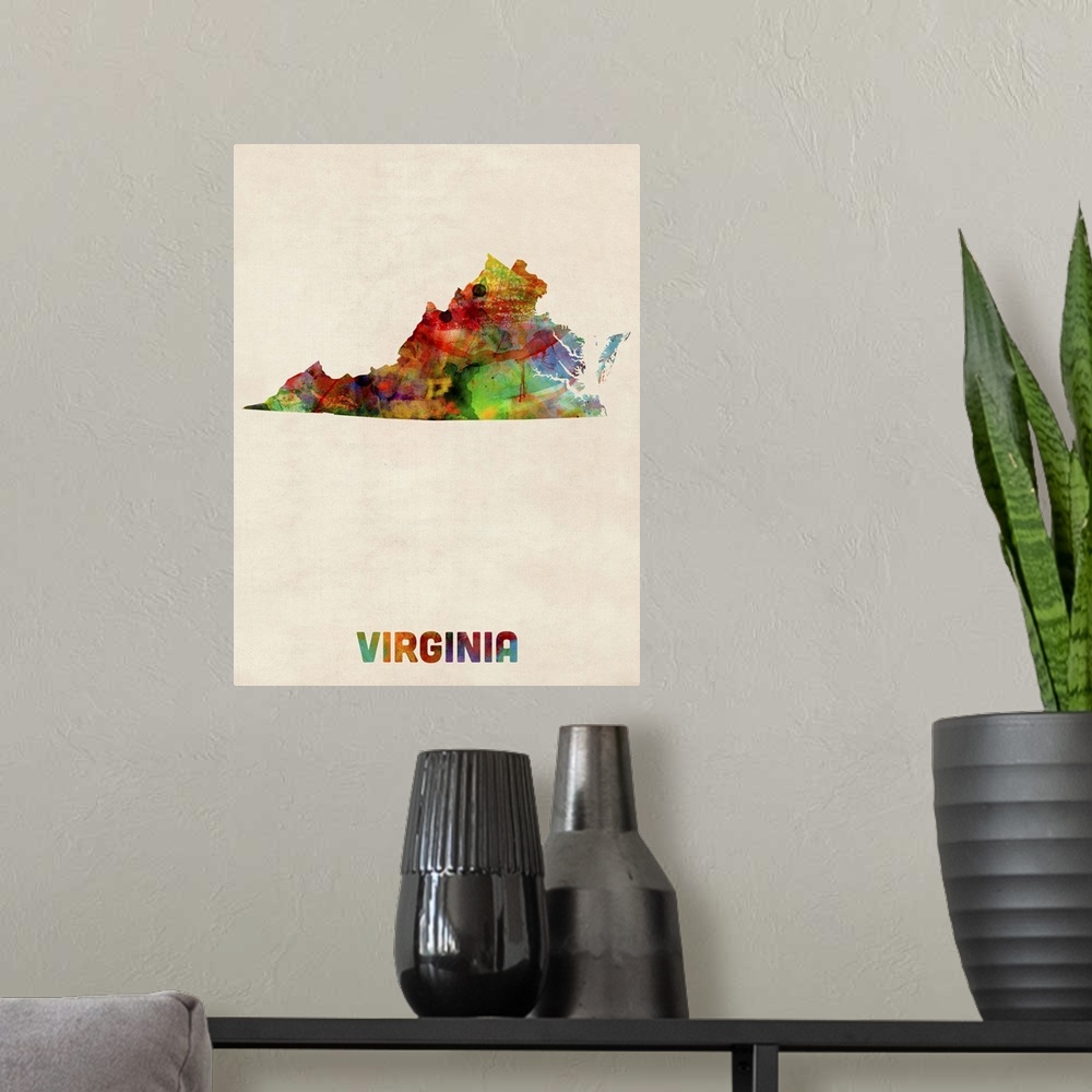 A modern room featuring Contemporary piece of artwork of a map of Virginia made up of watercolor splashes.