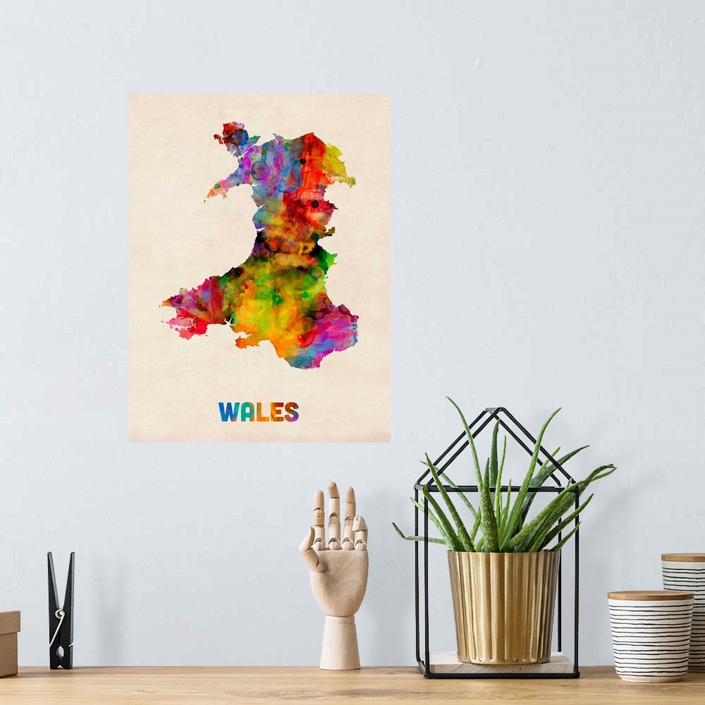 A bohemian room featuring Wales Watercolor Map