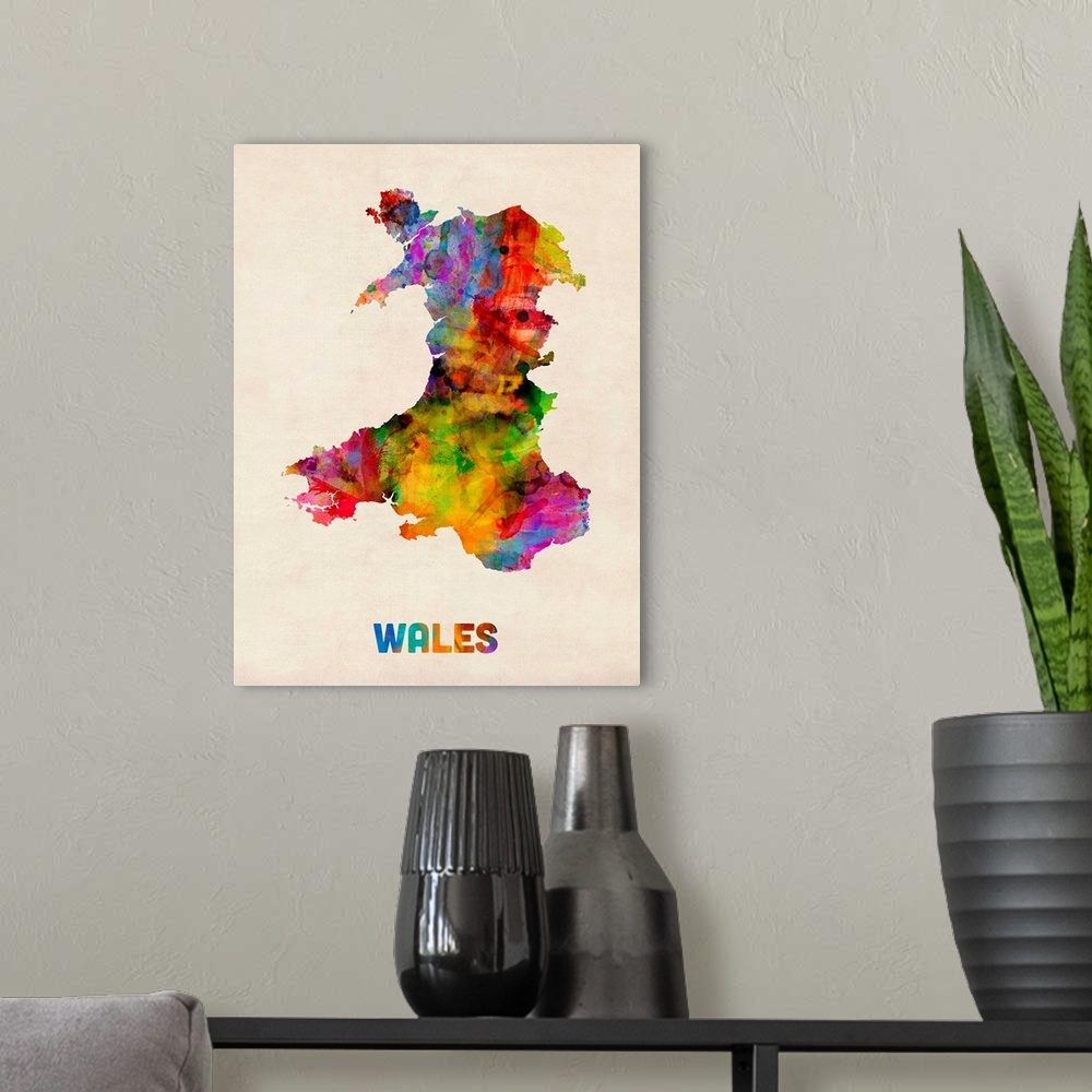 A modern room featuring Wales Watercolor Map