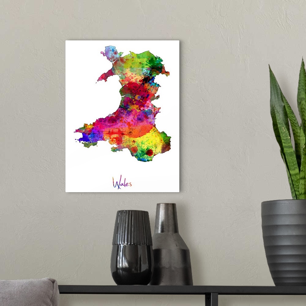 A modern room featuring Watercolor art map of the country Wales against a white background.