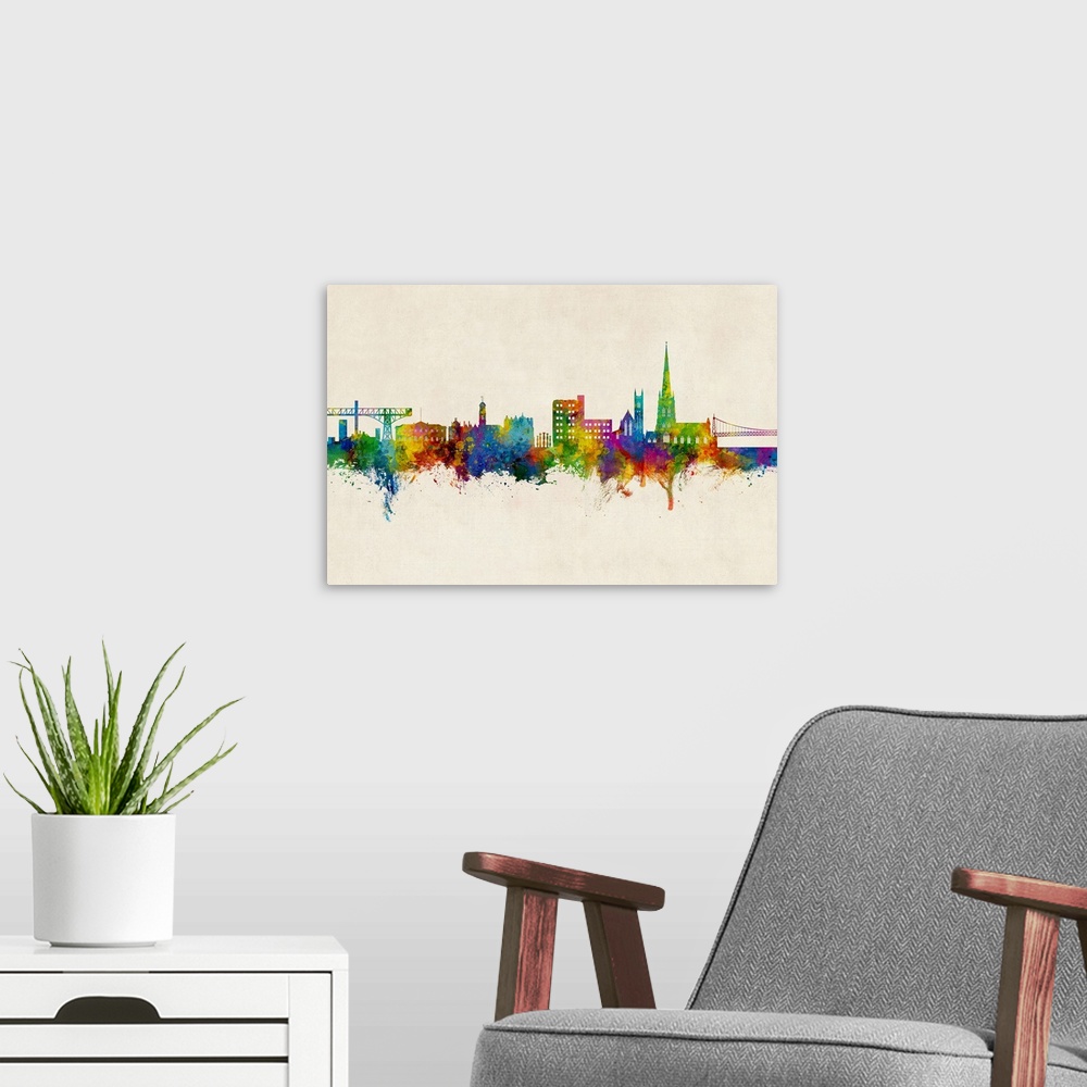 A modern room featuring Watercolor art print of the skyline of Warrington, England, United Kingdom