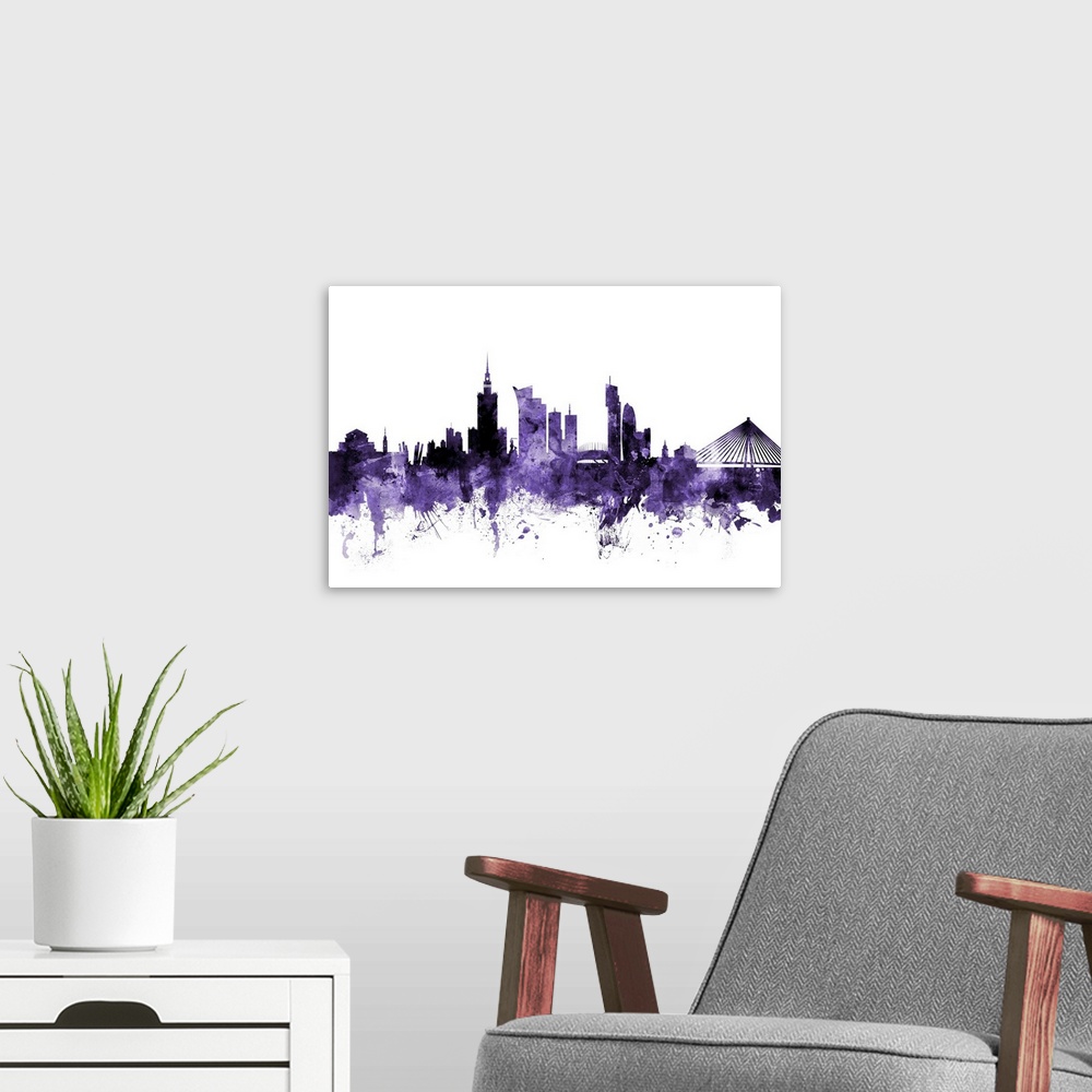 A modern room featuring Watercolor art print of the skyline of Warsaw, Poland