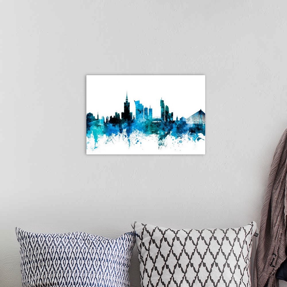 A bohemian room featuring Watercolor art print of the skyline of Warsaw, Poland.