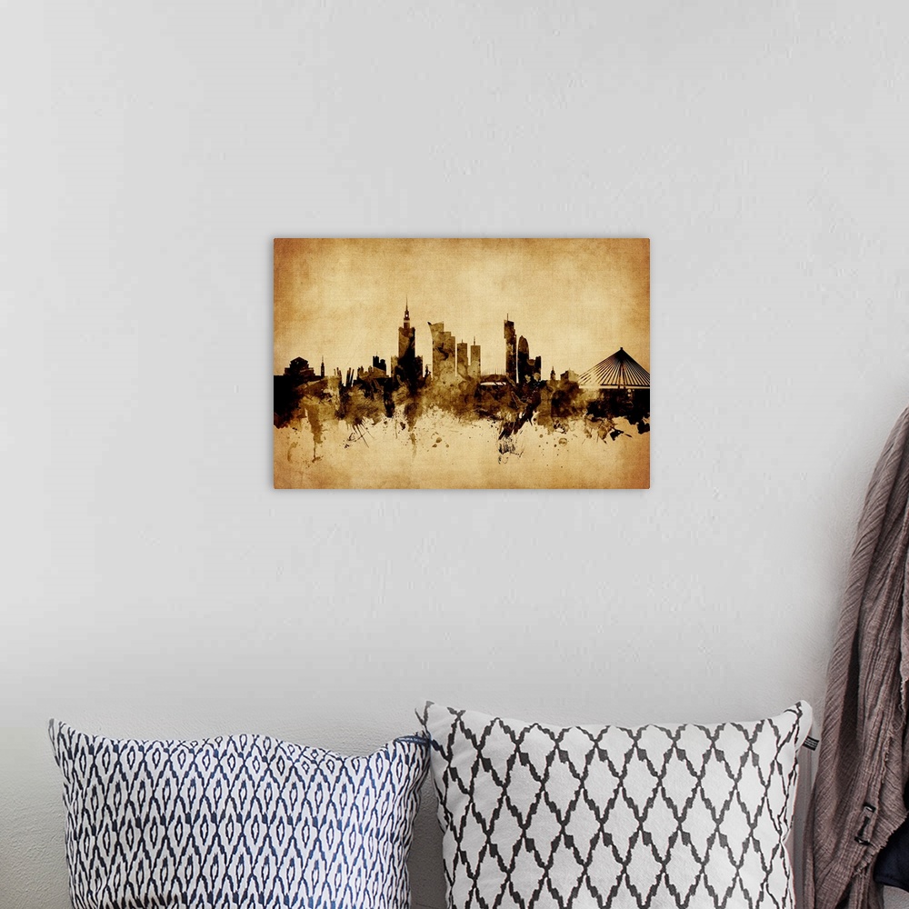 A bohemian room featuring Watercolor art print of the skyline of Warsaw, Poland.