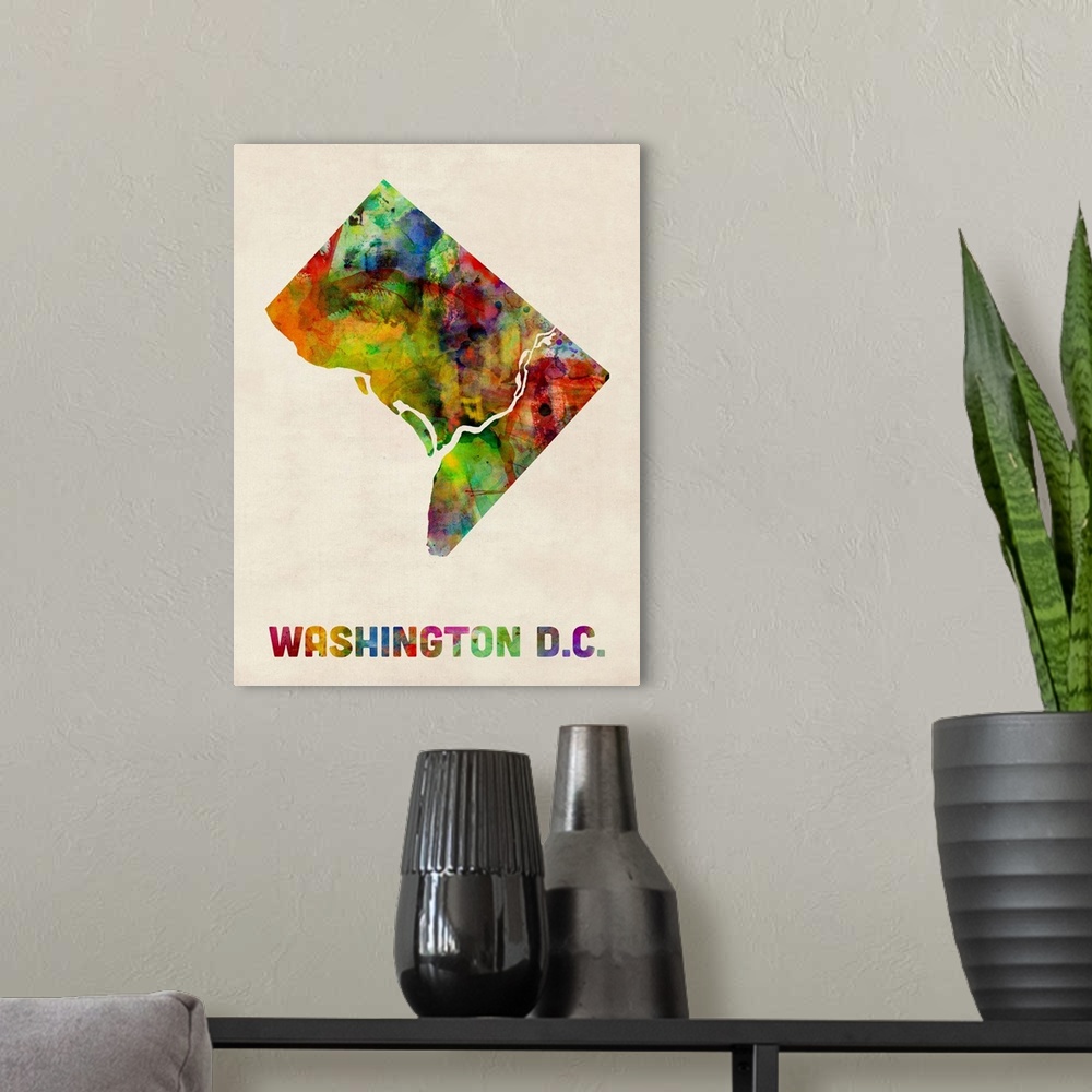 A modern room featuring Contemporary piece of artwork of a map of Washington DC made up of watercolor splashes.