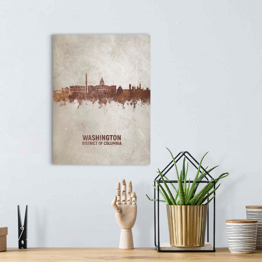 A bohemian room featuring Art print of the skyline of Washington DC, United States. Rust on concrete.