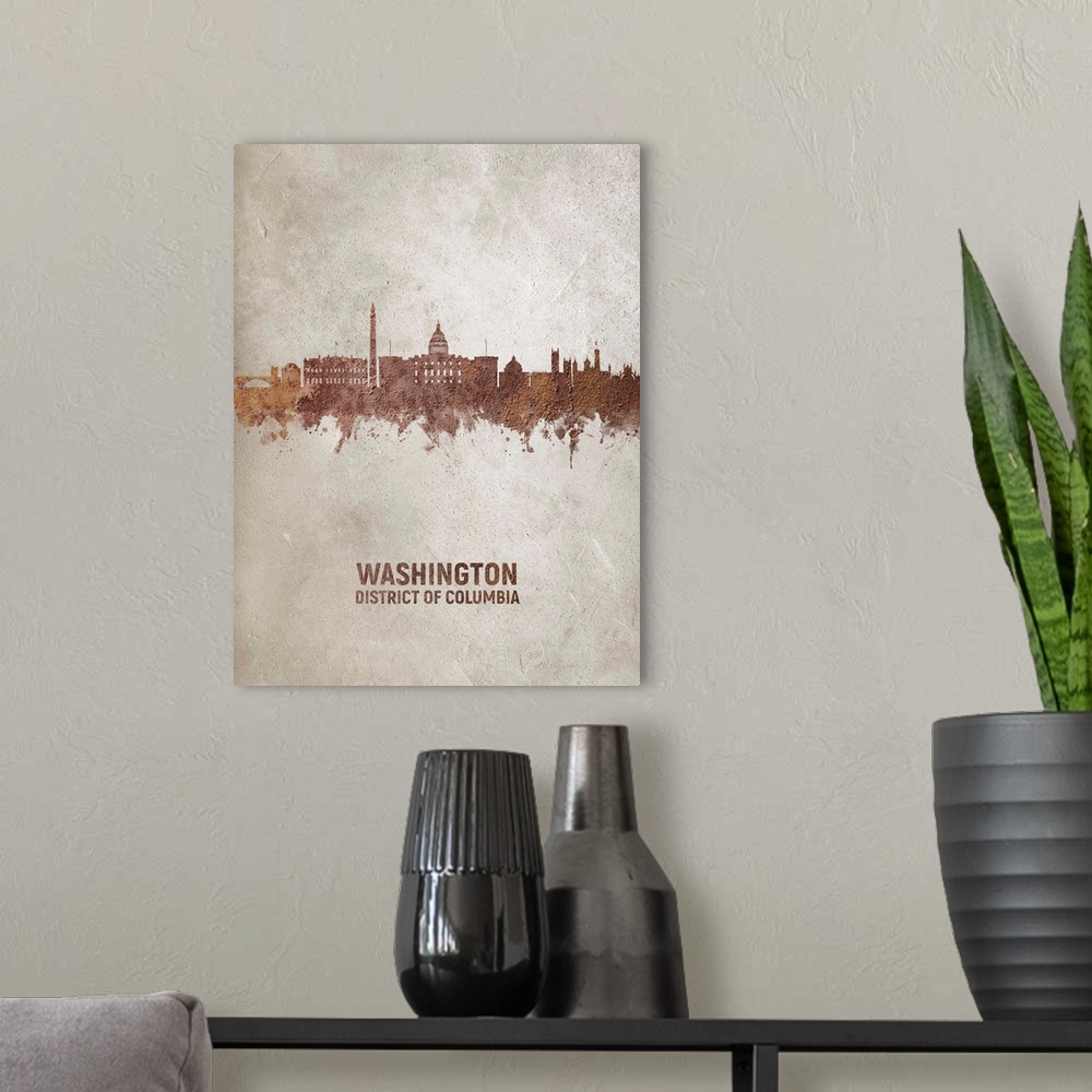 A modern room featuring Art print of the skyline of Washington DC, United States. Rust on concrete.