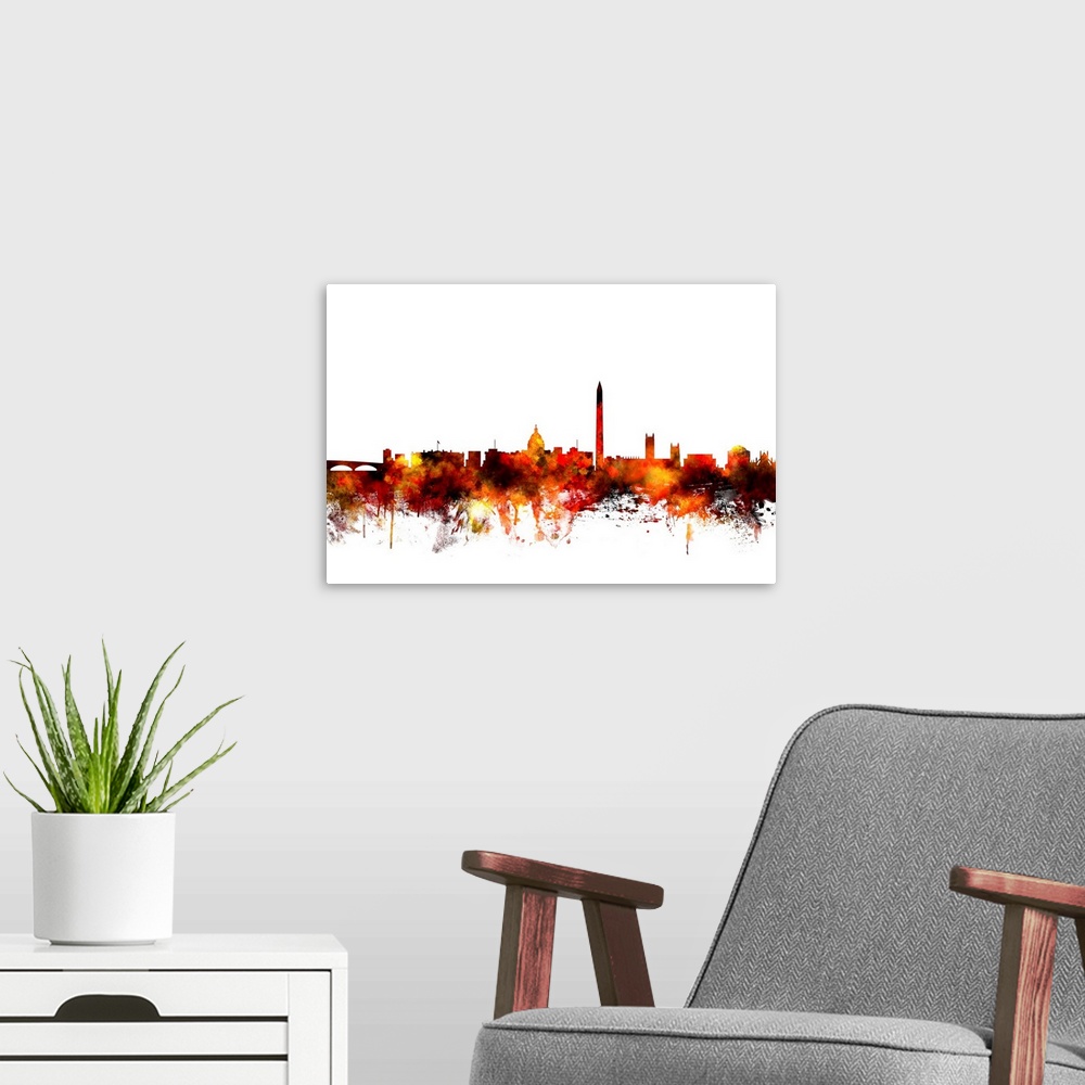 A modern room featuring Contemporary piece of artwork of the Washington DC skyline made of colorful paint splashes.