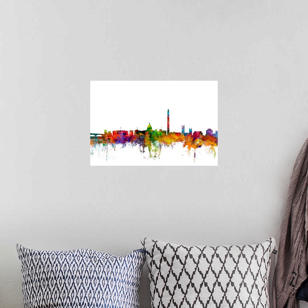 A bohemian room featuring Watercolor artwork of the Washington DC skyline against a white background.