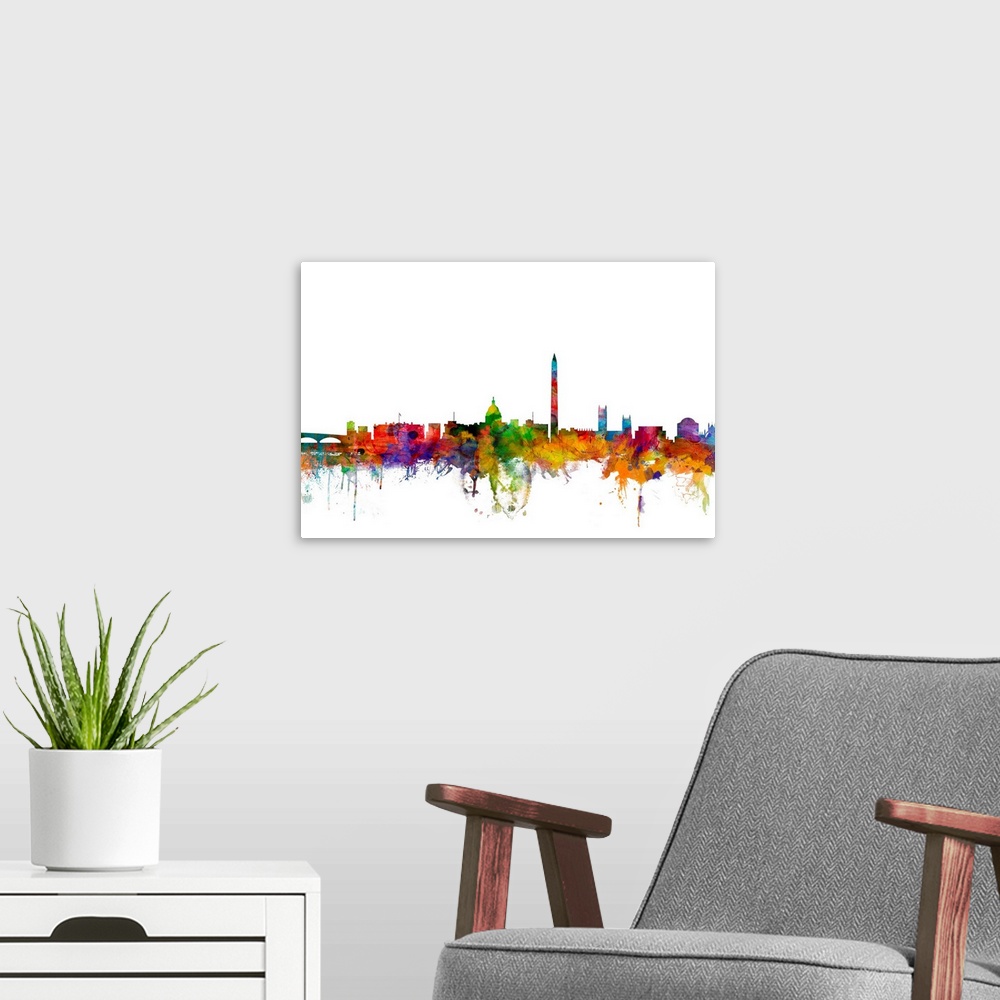 A modern room featuring Watercolor artwork of the Washington DC skyline against a white background.