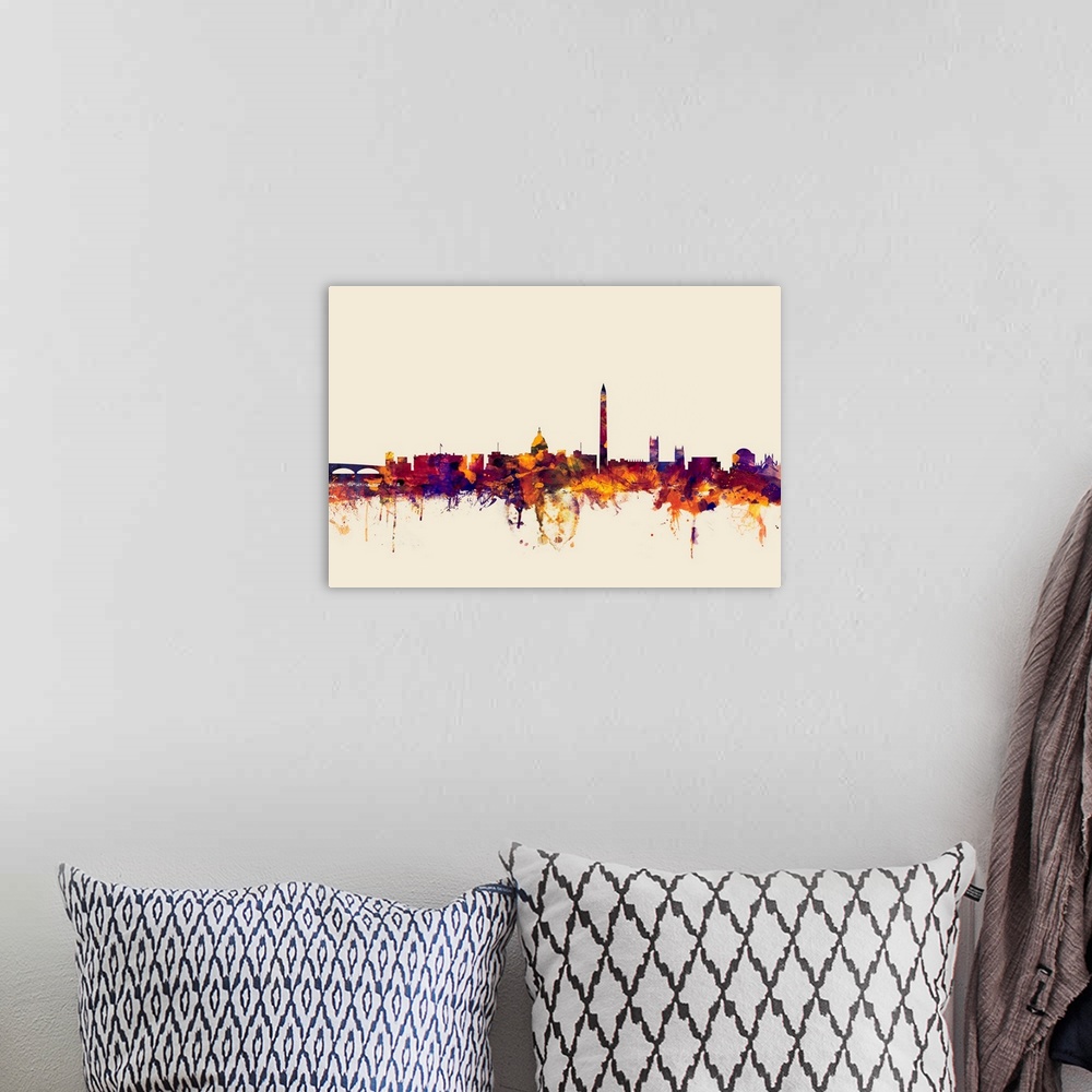 A bohemian room featuring Watercolor artwork of the Washington skyline against a beige background.