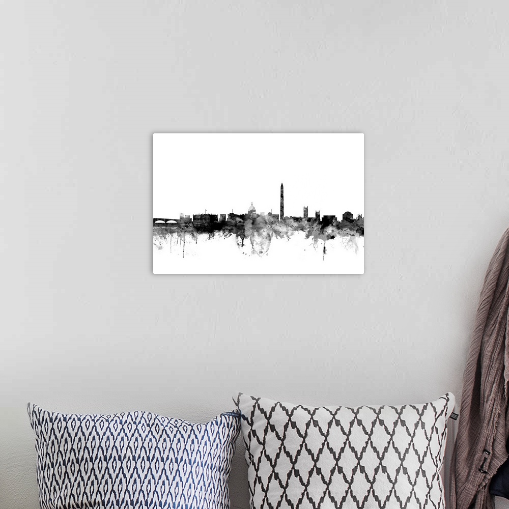 A bohemian room featuring Contemporary artwork of the Washington DC city skyline in black watercolor paint splashes.