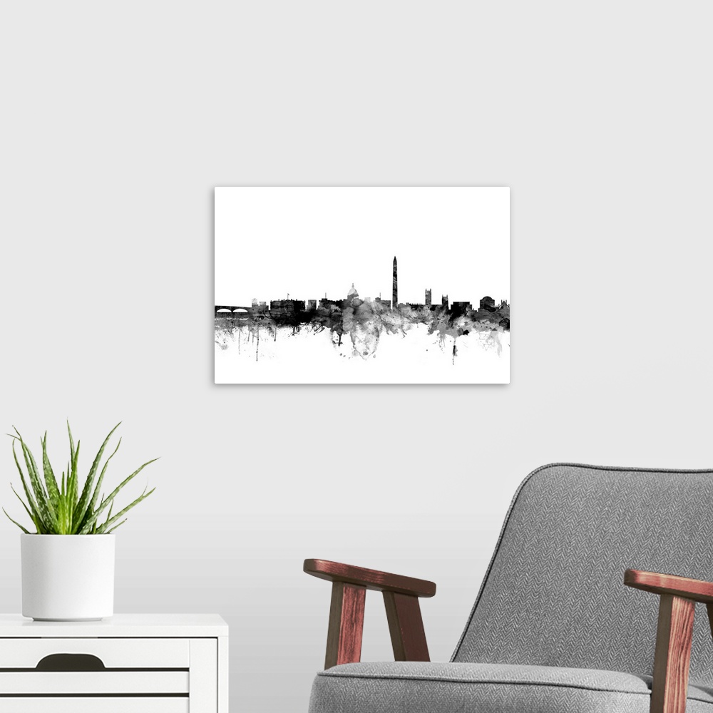 A modern room featuring Contemporary artwork of the Washington DC city skyline in black watercolor paint splashes.