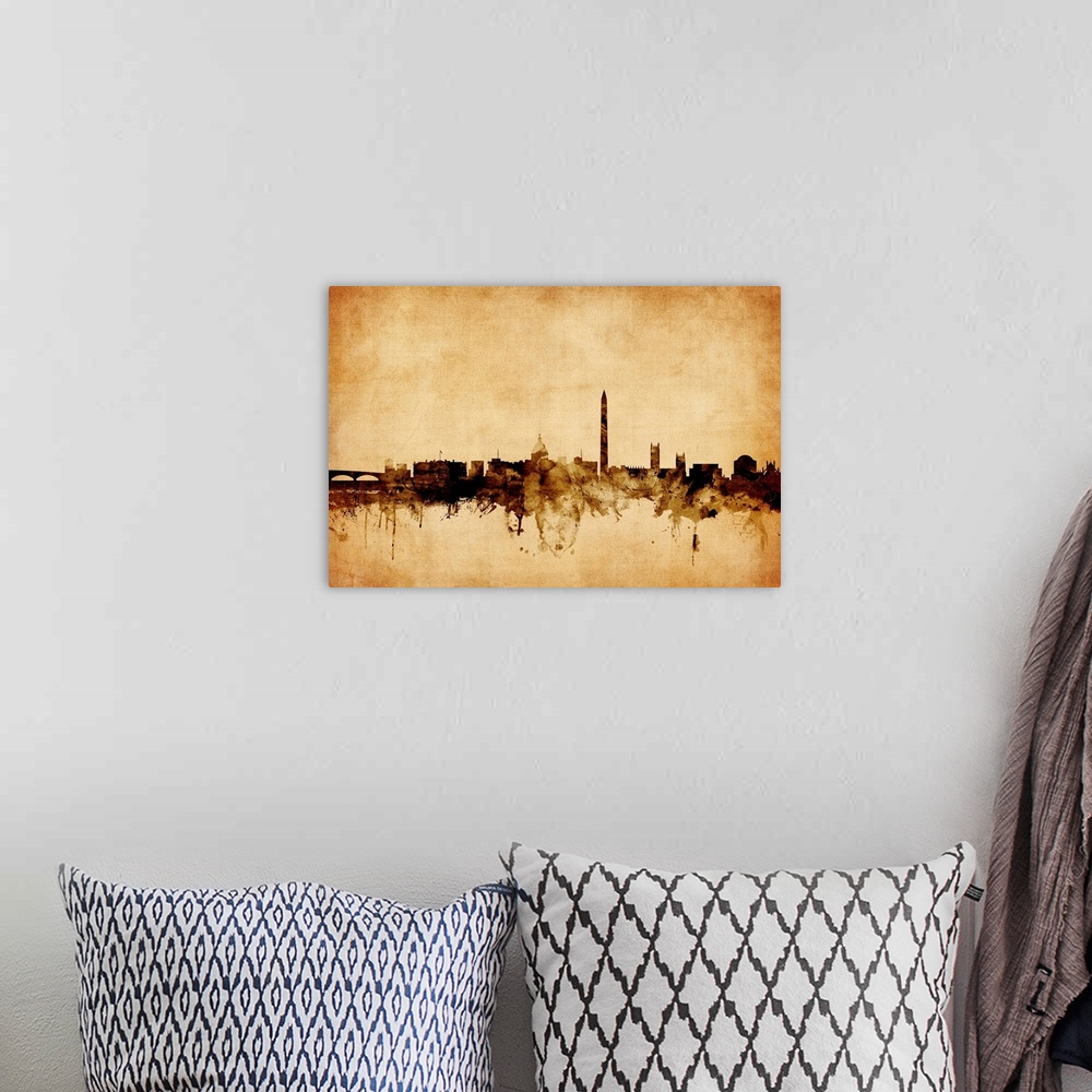 A bohemian room featuring Contemporary artwork of the Washington DC city skyline in a vintage distressed look.