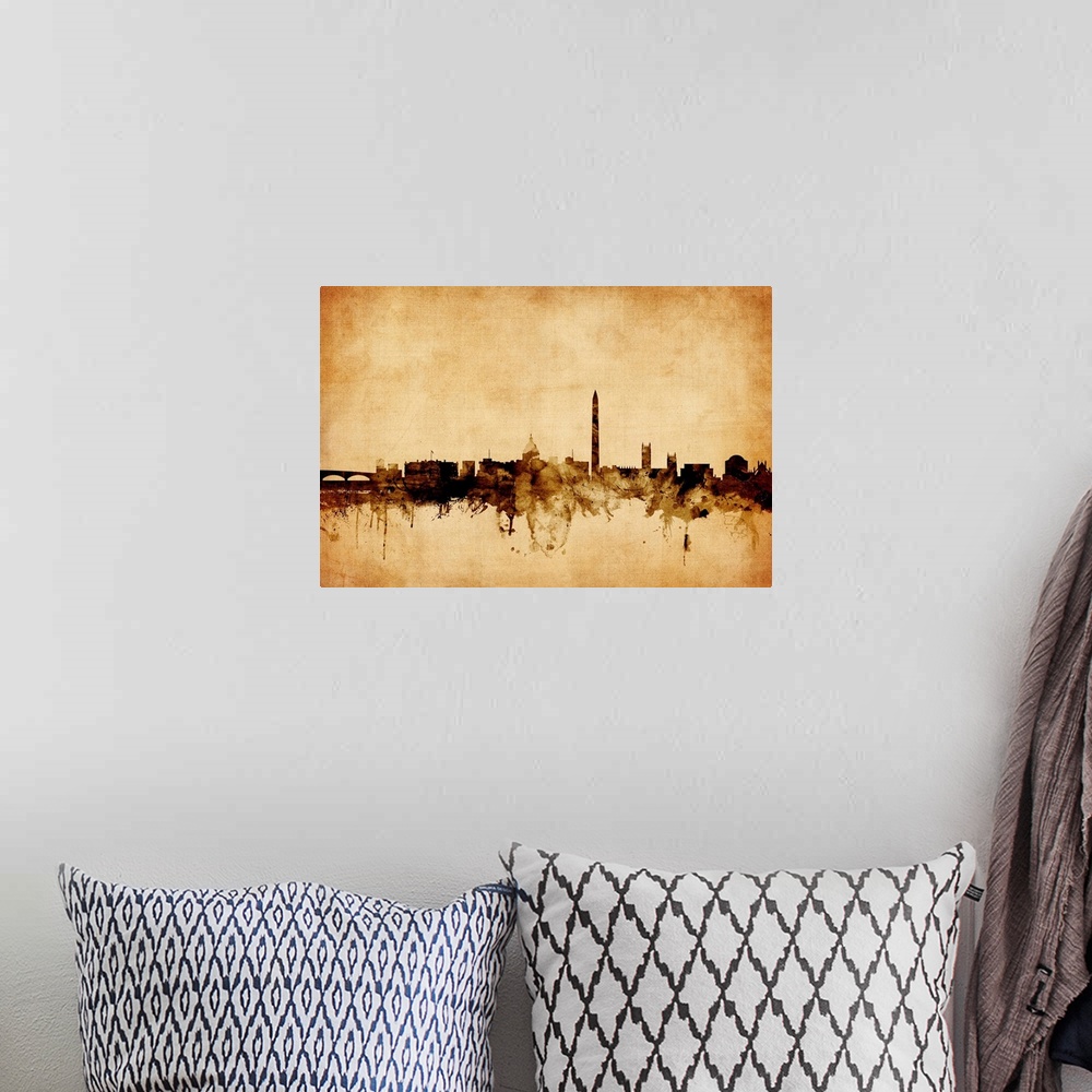 A bohemian room featuring Contemporary artwork of the Washington DC city skyline in a vintage distressed look.