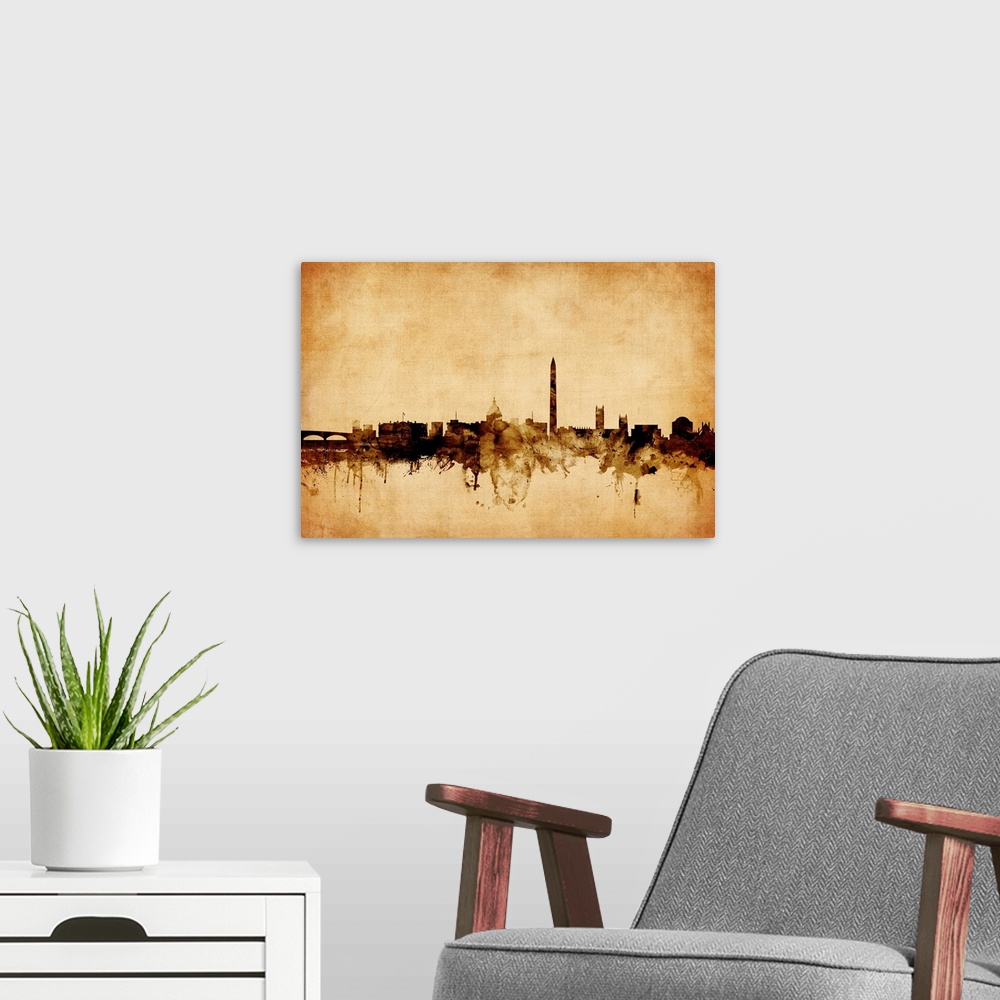 A modern room featuring Contemporary artwork of the Washington DC city skyline in a vintage distressed look.