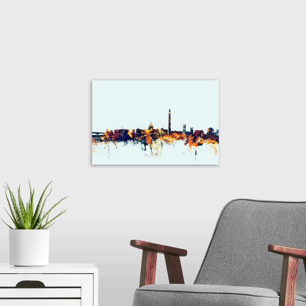 A modern room featuring Dark watercolor silhouette of the Washington DC city skyline against a light blue background.