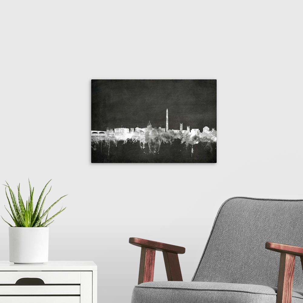 A modern room featuring Smokey dark watercolor silhouette of the Washington DCcity skyline against chalkboard background.