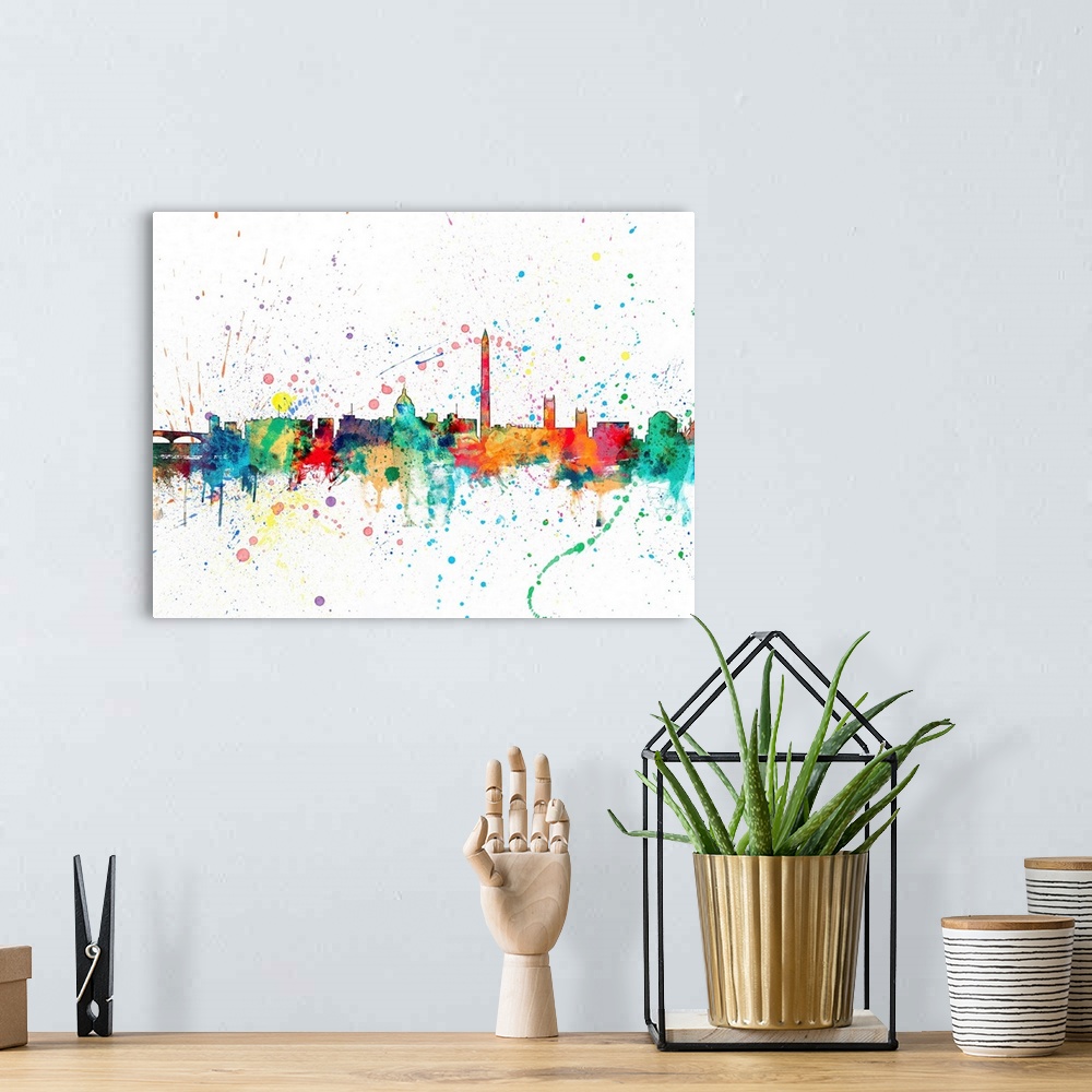 A bohemian room featuring Wild and vibrant paint splatter silhouette of the Washington DC skyline.