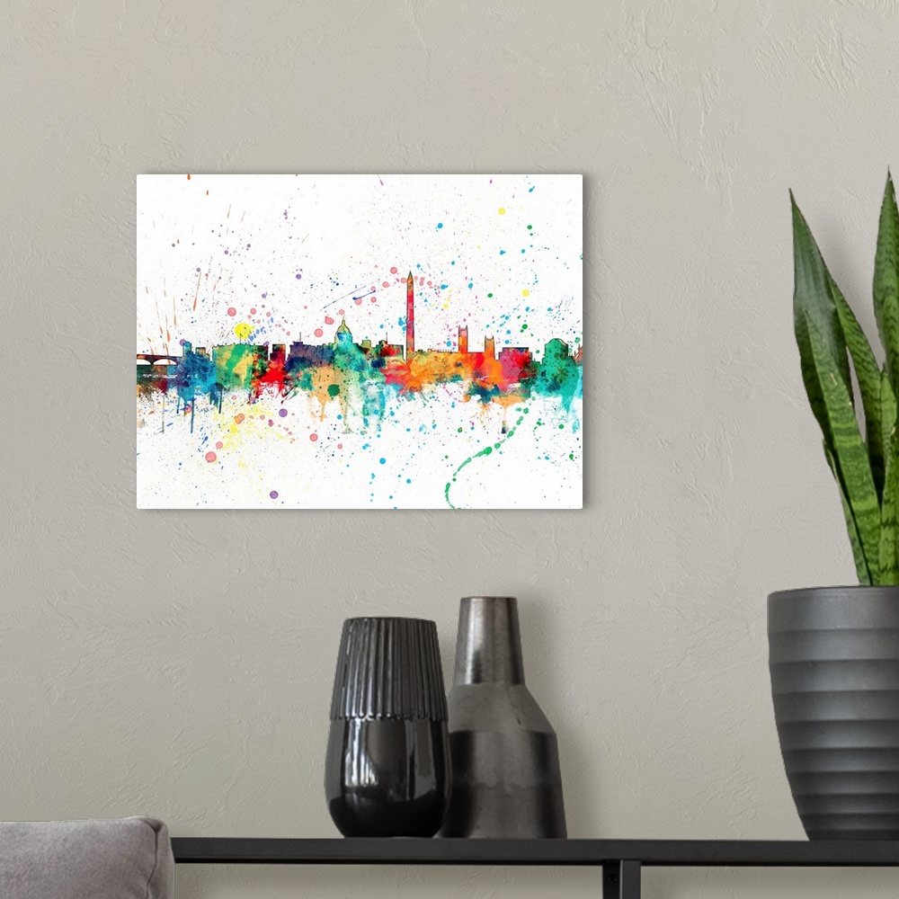 A modern room featuring Wild and vibrant paint splatter silhouette of the Washington DC skyline.