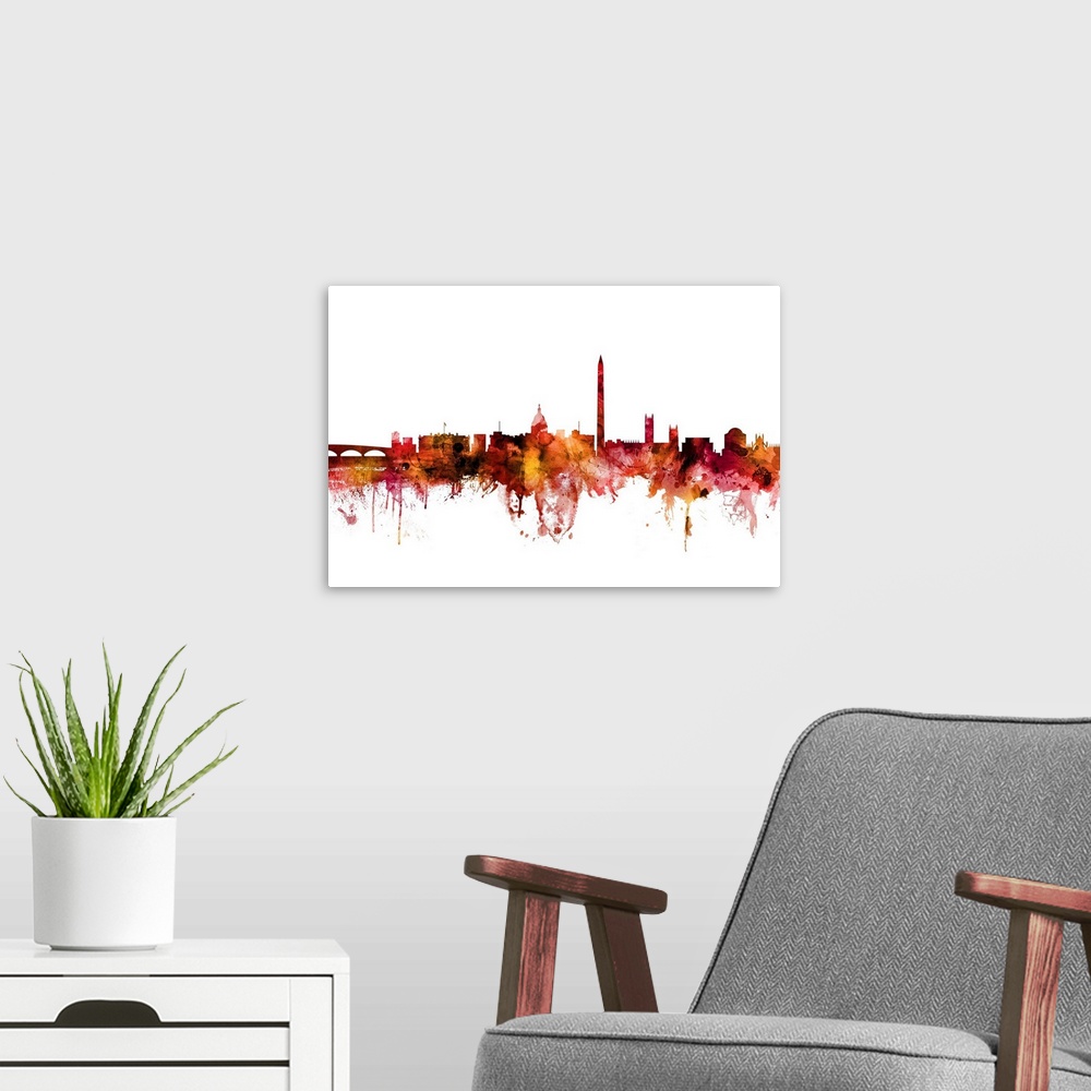 A modern room featuring Watercolor art print of the skyline of Washington DC, United States