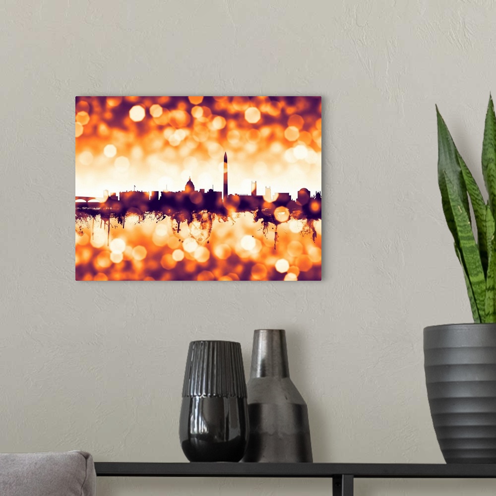 A modern room featuring Watercolor art print of the skyline of Washington DC, United States.
