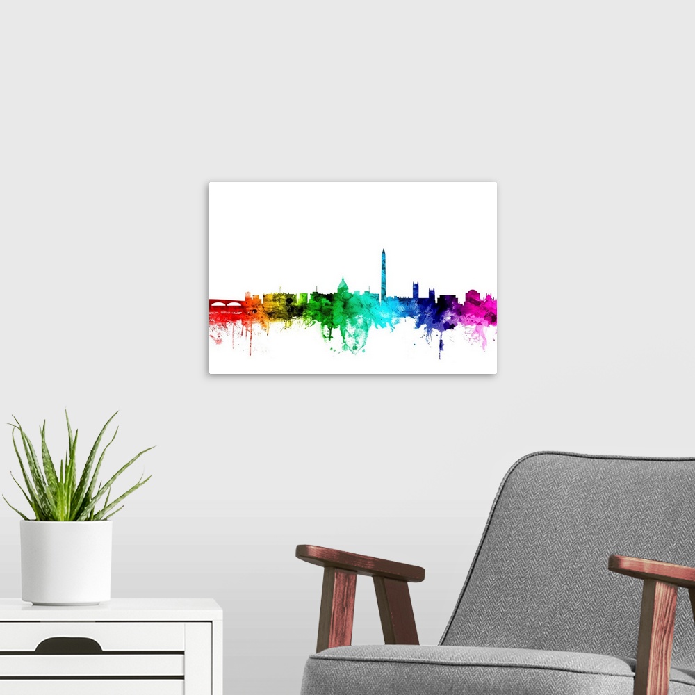 A modern room featuring Watercolor art print of the skyline of Washington DC, United States.