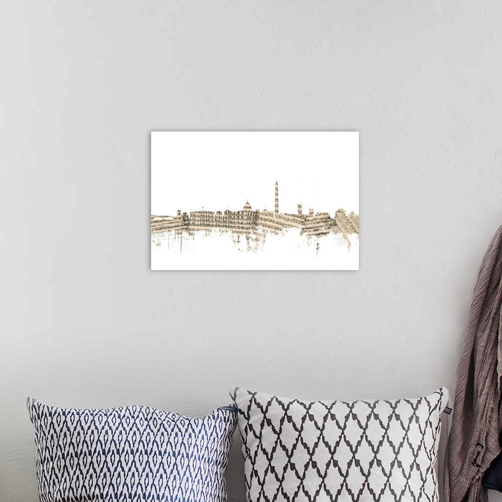 A bohemian room featuring Washington DC skyline made of sheet music against a white background.