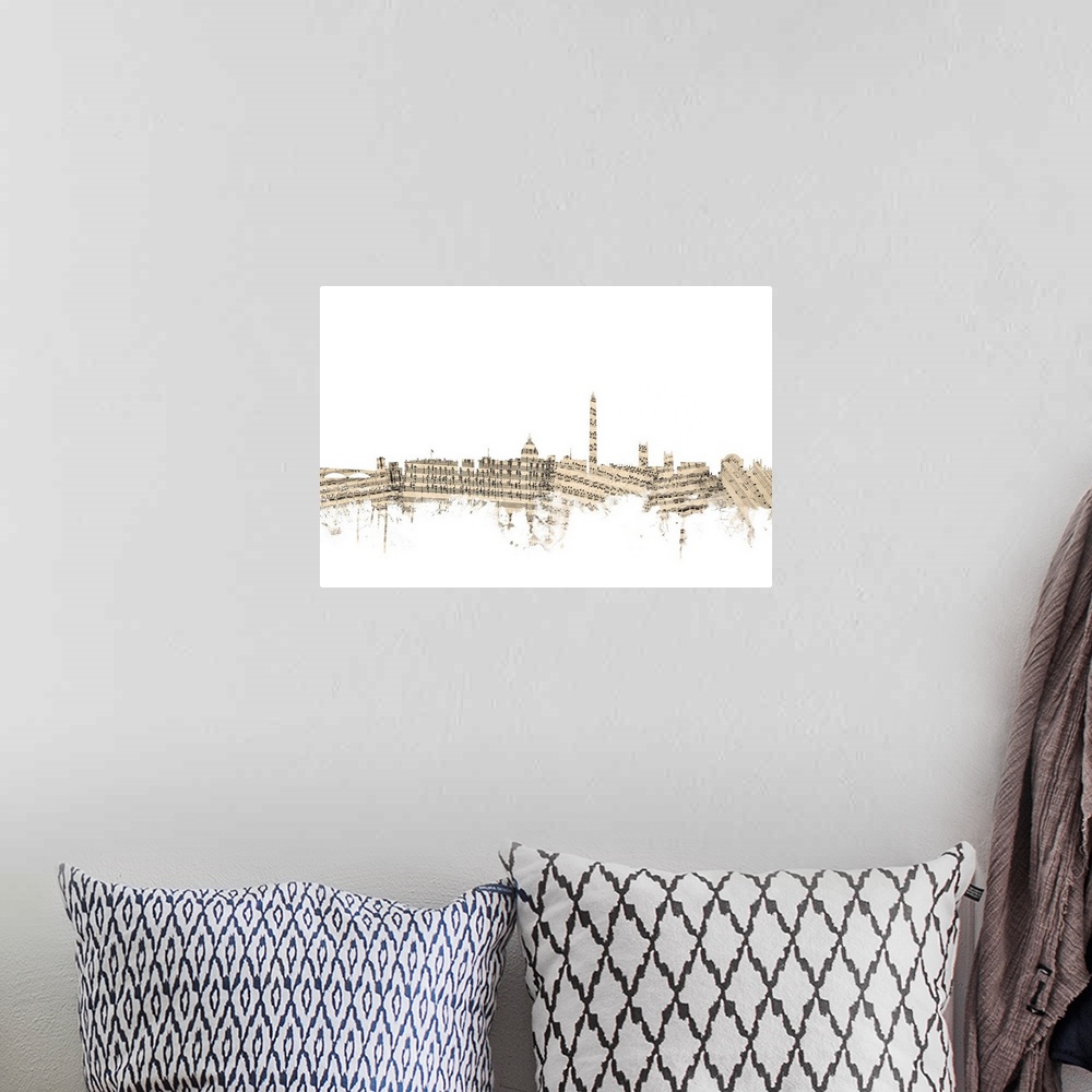 A bohemian room featuring Washington DC skyline made of sheet music against a white background.