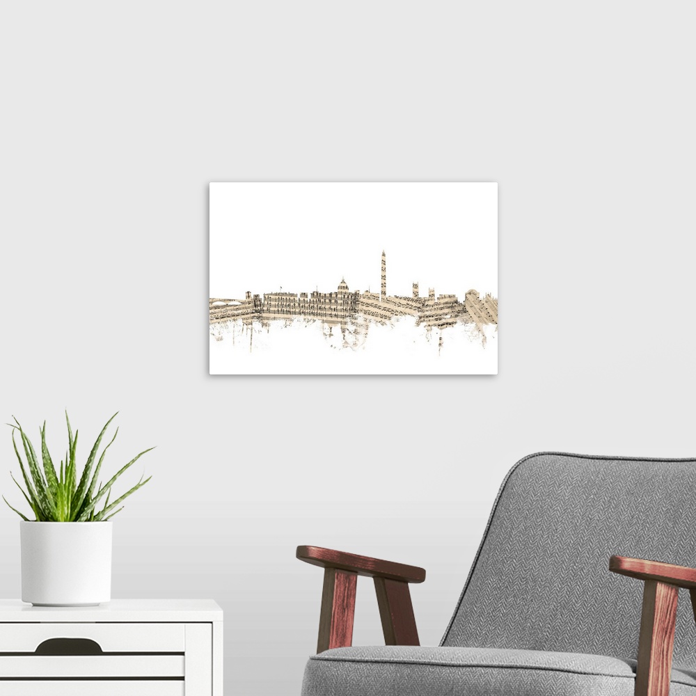 A modern room featuring Washington DC skyline made of sheet music against a white background.