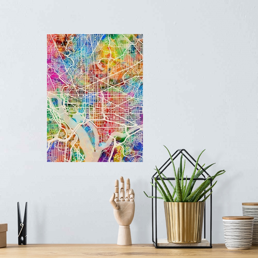 A bohemian room featuring Contemporary watercolor city street map of Washington DC.