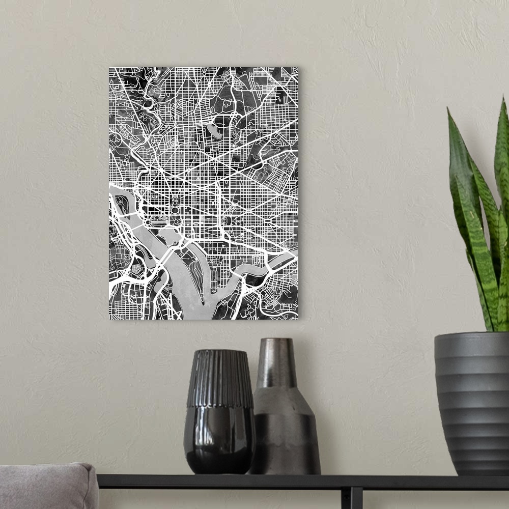 A modern room featuring Watercolor street map of Washington DC, United States.