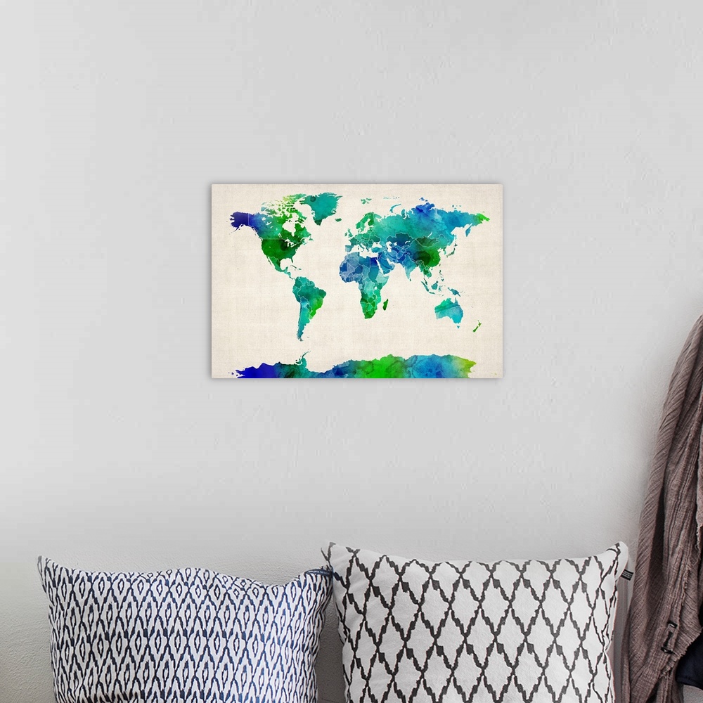 A bohemian room featuring Watercolor Map of the World, Green and Blue