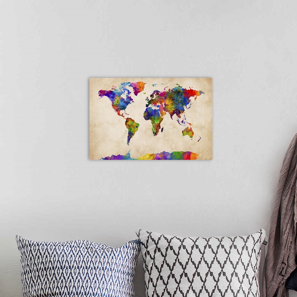 A bohemian room featuring Contemporary colorful paint splash world map artwork.