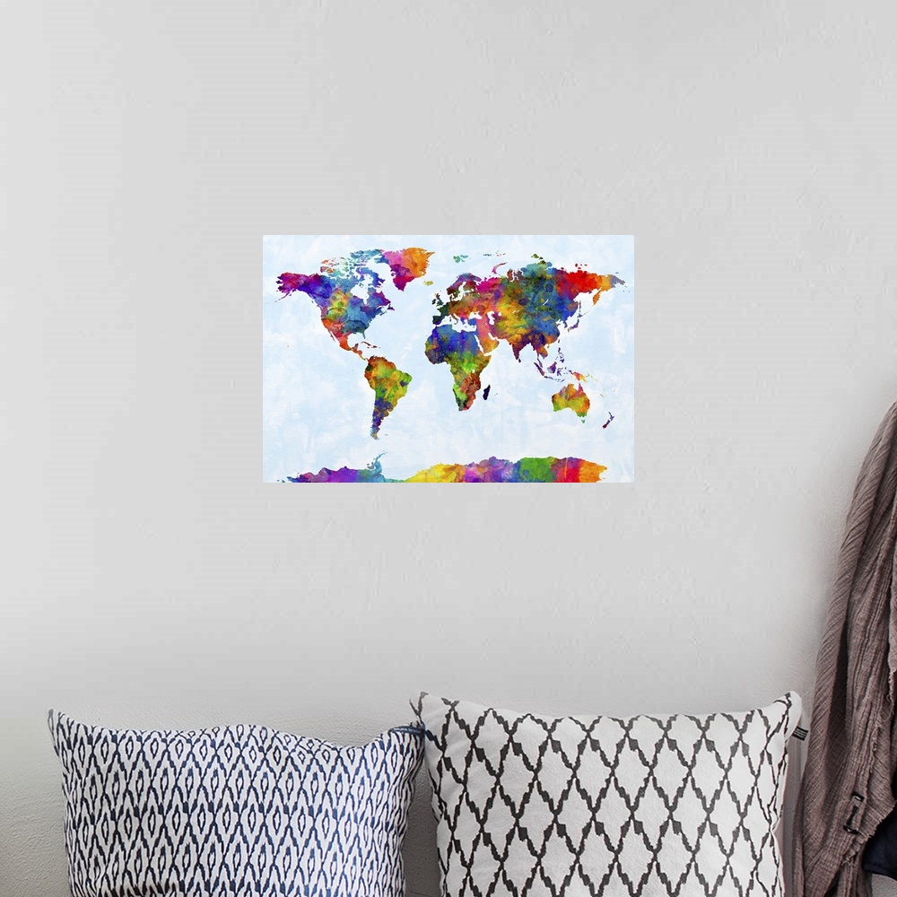 A bohemian room featuring Contemporary colorful paint splash world map artwork.