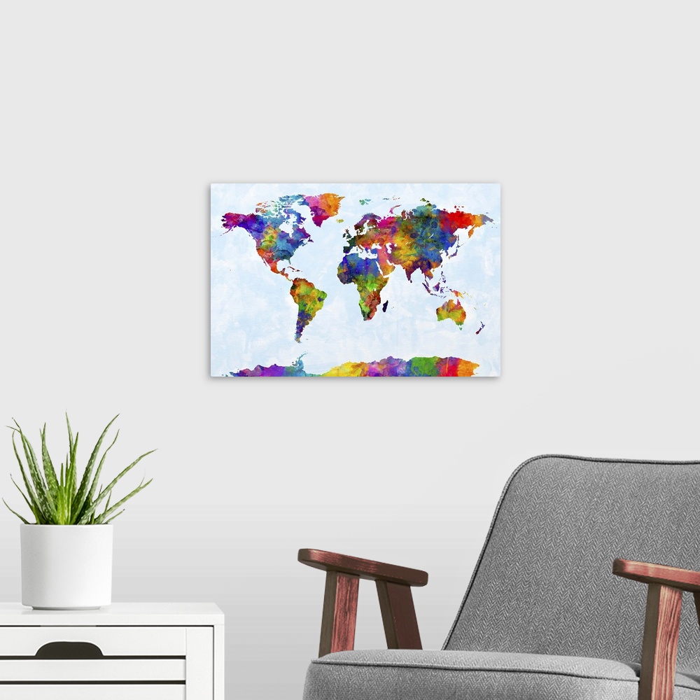 A modern room featuring Contemporary colorful paint splash world map artwork.