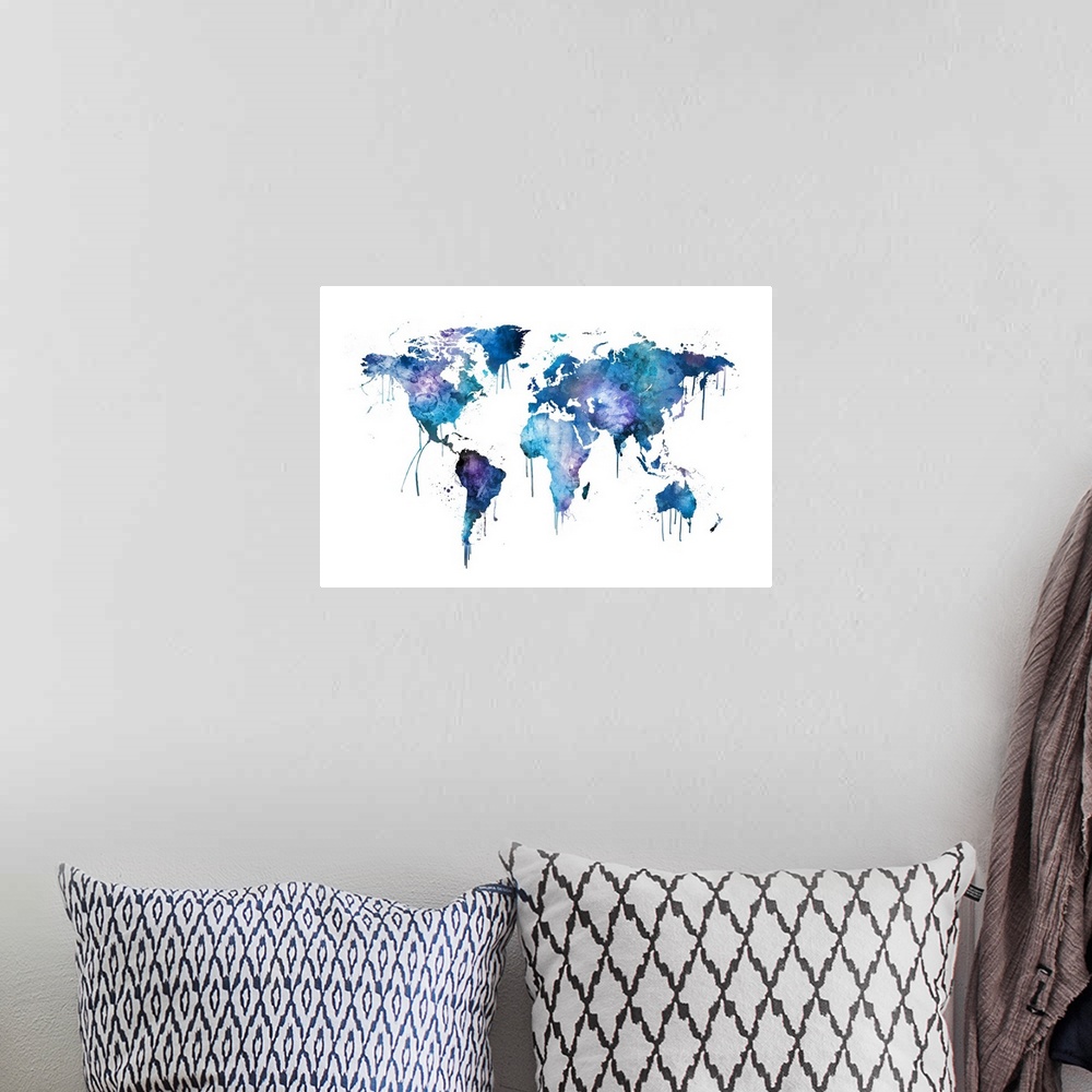 A bohemian room featuring A bright and colorful watercolor world map.