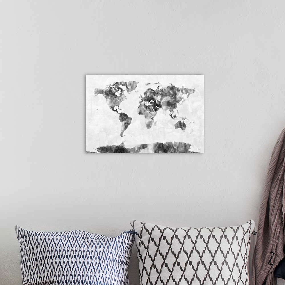 A bohemian room featuring A bright and colorful watercolor world map with country borders.