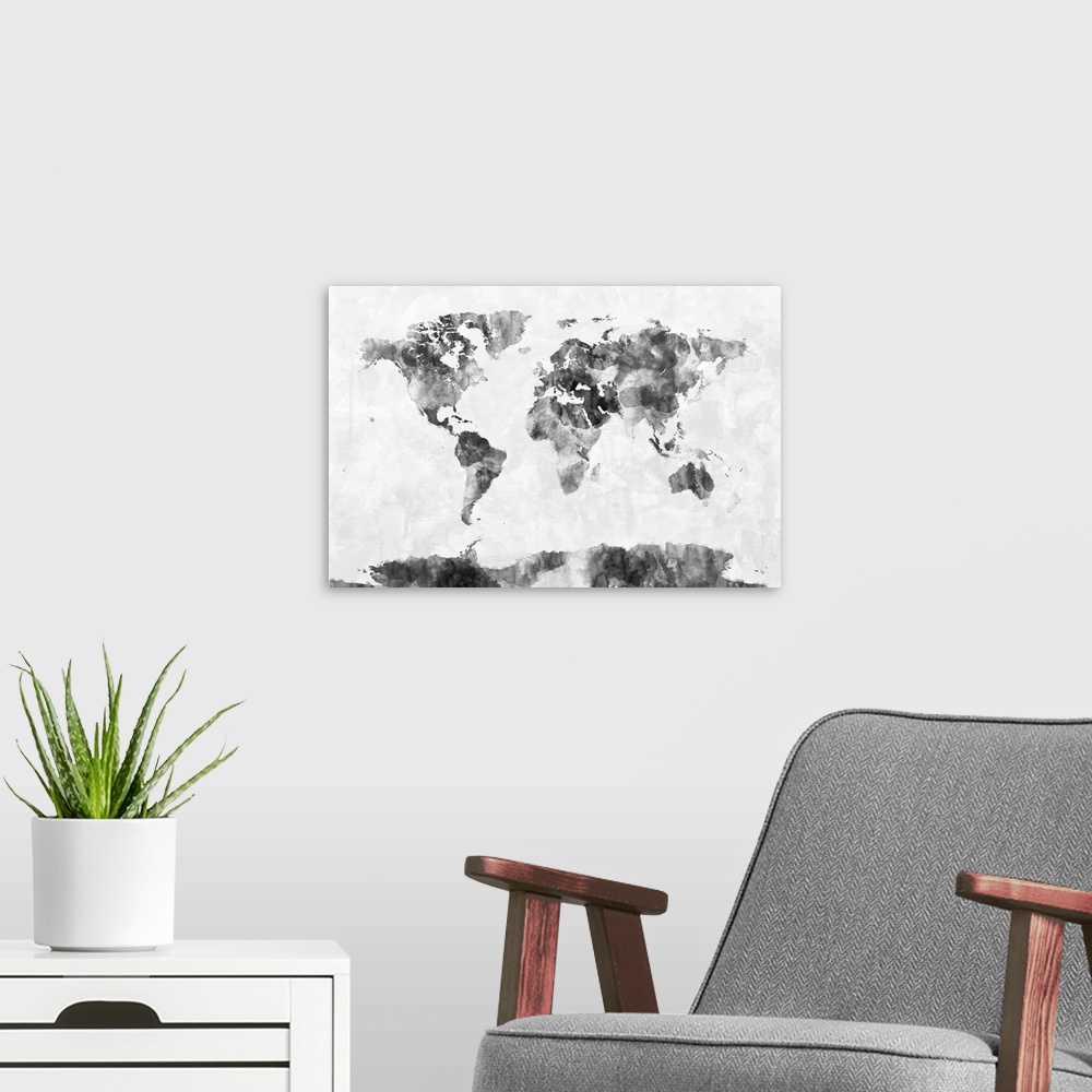 A modern room featuring A bright and colorful watercolor world map with country borders.