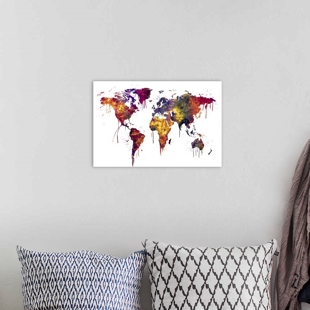 A bohemian room featuring A bright and colorful watercolor world map.