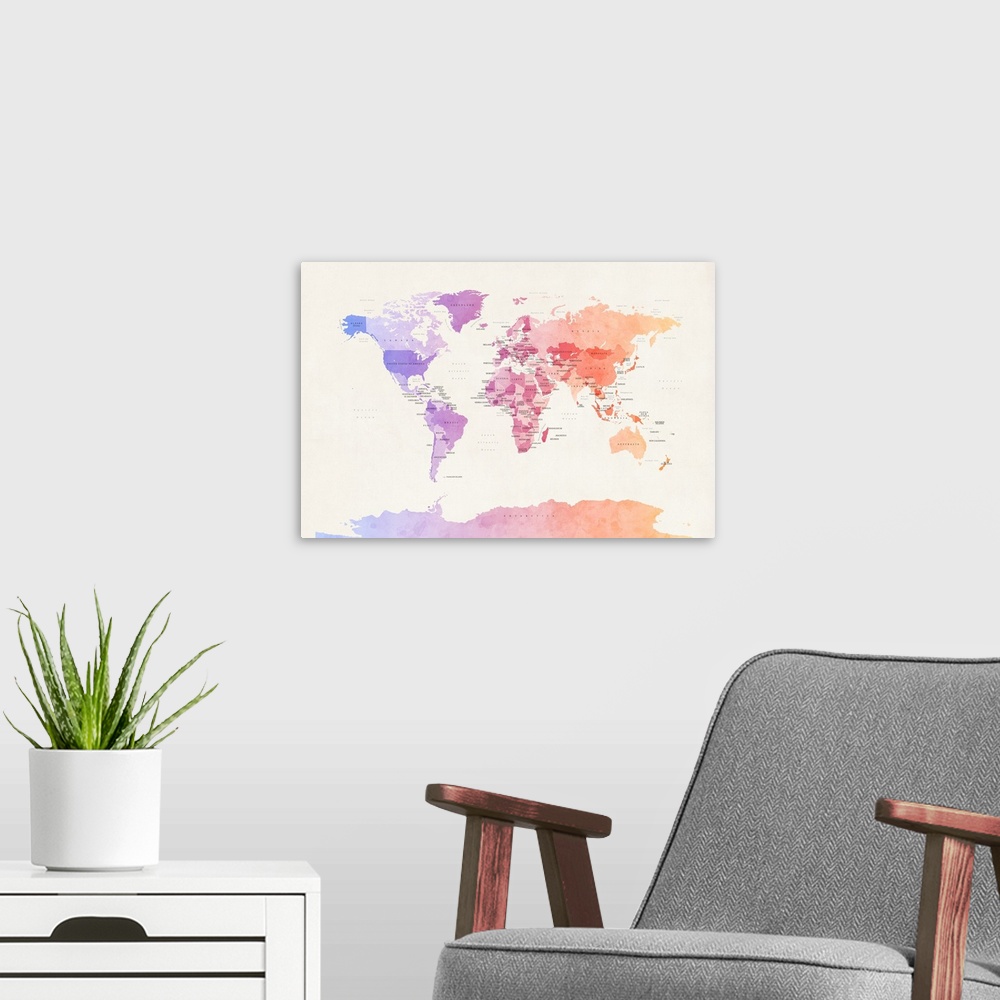 A modern room featuring Watercolour Political Map of the World