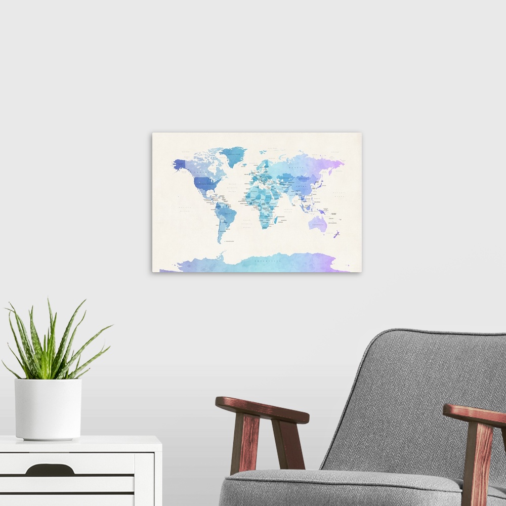 A modern room featuring Contemporary artwork of a political map of the world in watercolor.