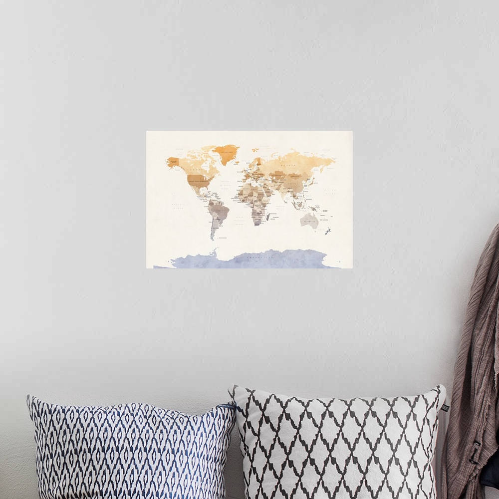 A bohemian room featuring Contemporary artwork of a political map of the world in watercolor.