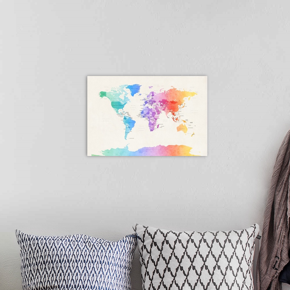 A bohemian room featuring Contemporary watercolor political world map in a spectrum of bright colors.
