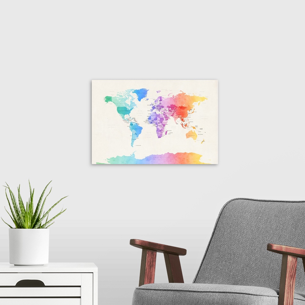 A modern room featuring Contemporary watercolor political world map in a spectrum of bright colors.
