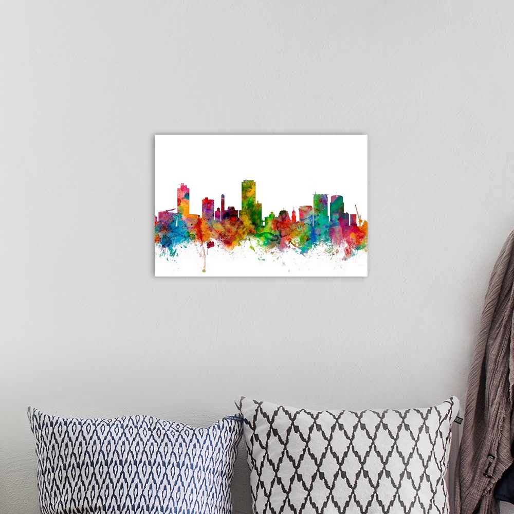 A bohemian room featuring Watercolor artwork of the Wellington skyline against a white background.