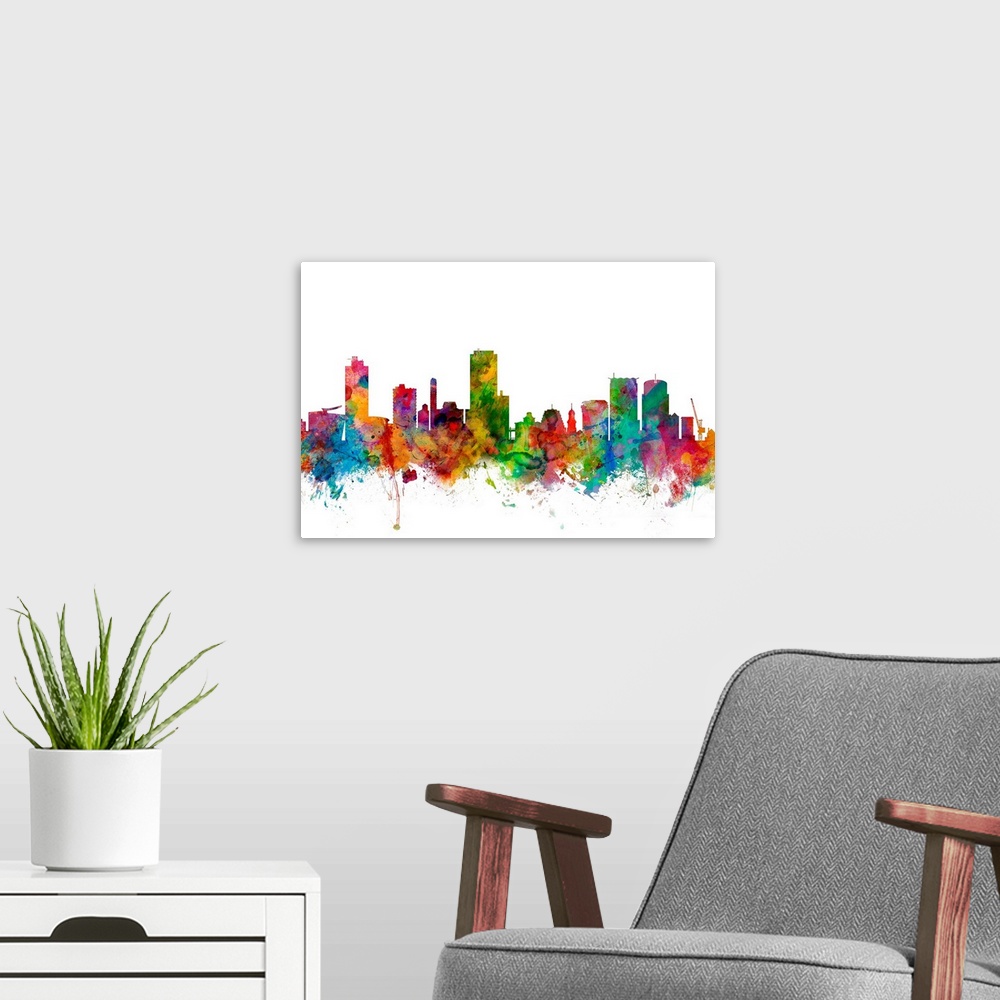 A modern room featuring Watercolor artwork of the Wellington skyline against a white background.