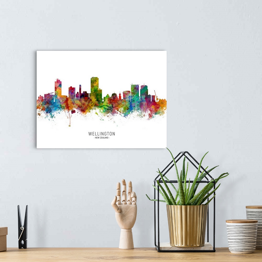 A bohemian room featuring Watercolor art print of the skyline of Wellington, New Zealand.